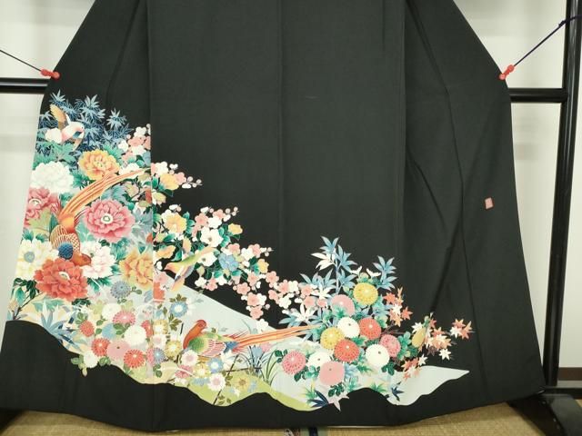 平和屋着物□豪華黒留袖 駒刺繍 尾長鳥花文 金彩 正絹 逸品