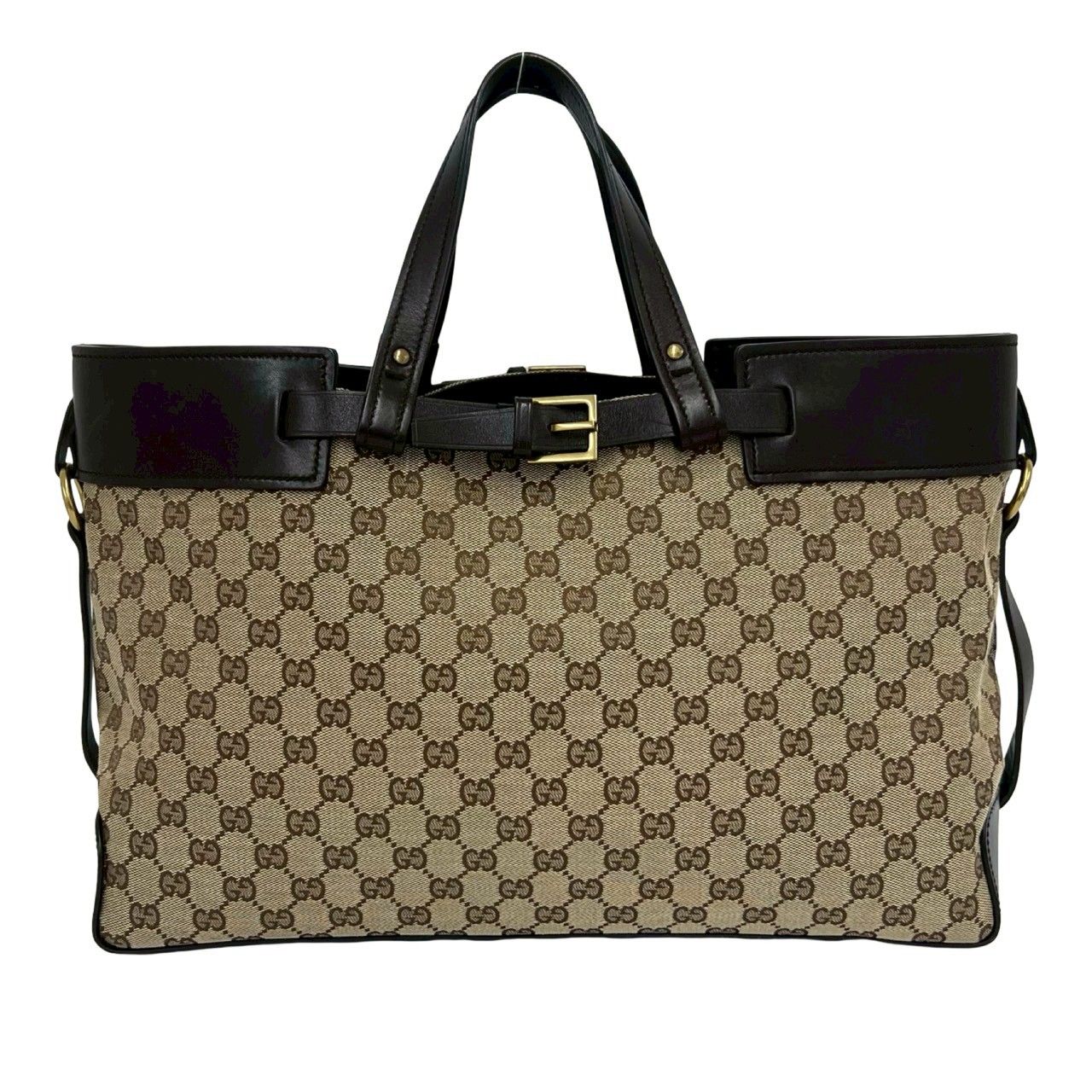極 美品 GUCCI グッチ ロゴ 金具 GG 柄 キャンバス レザー 本革