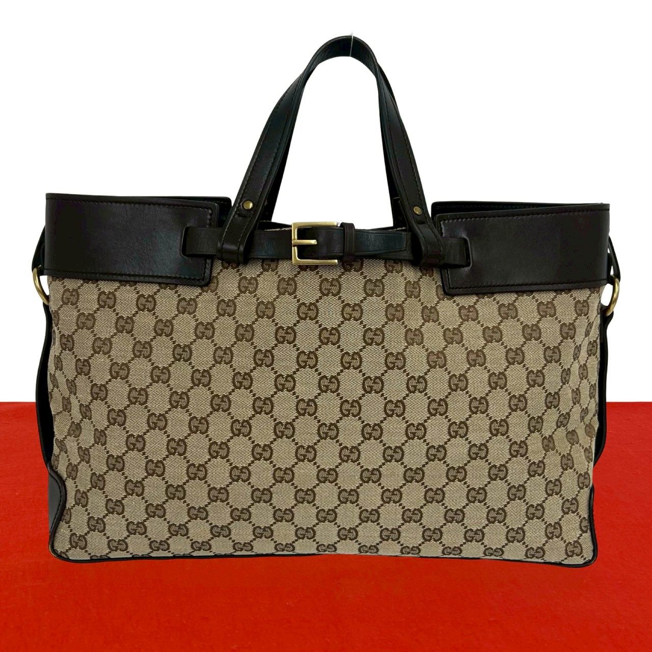 極 美品 GUCCI グッチ ロゴ 金具 GG 柄 キャンバス レザー 本革