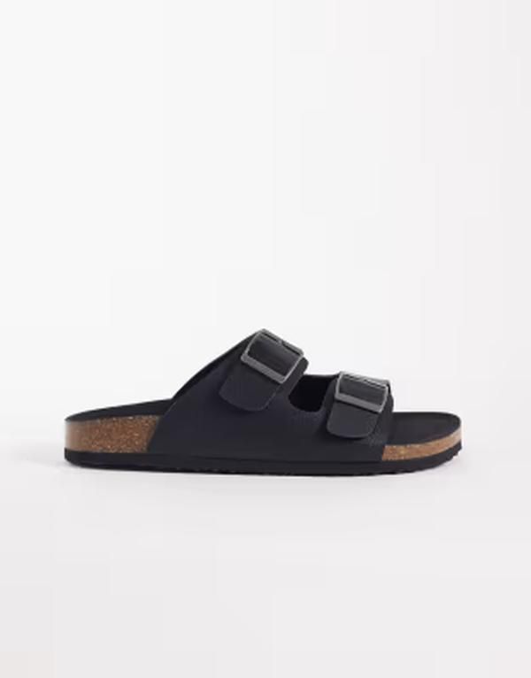 エイソス メンズ シューズ サンダル ASOS DESIGN two strap sandals with cork soles in tumbled Black ブラック
