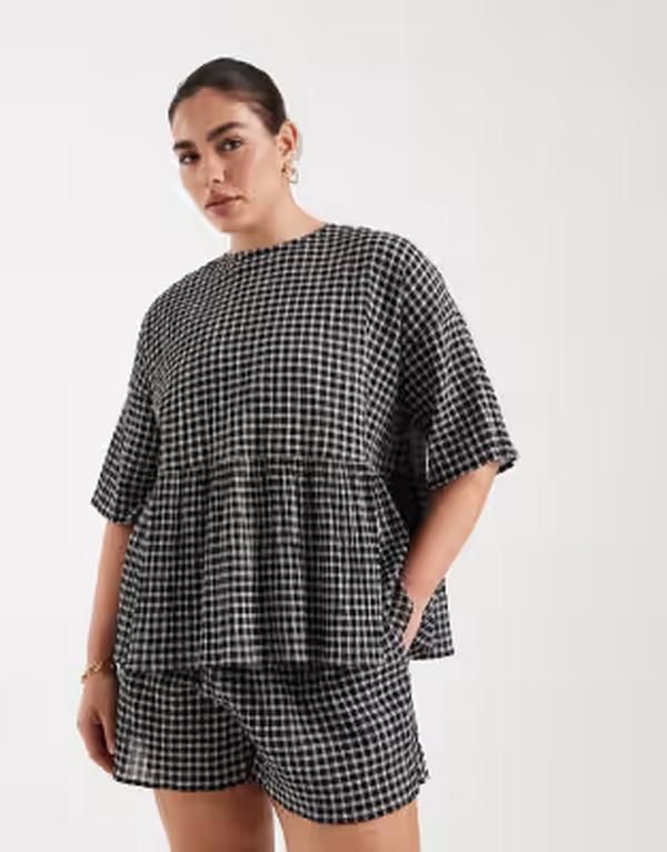 エイソス レディース トップス シャツ ASOS Curve ASOS DESIGN Curve oversized short sleeve peplum top in check チェック 13,634円