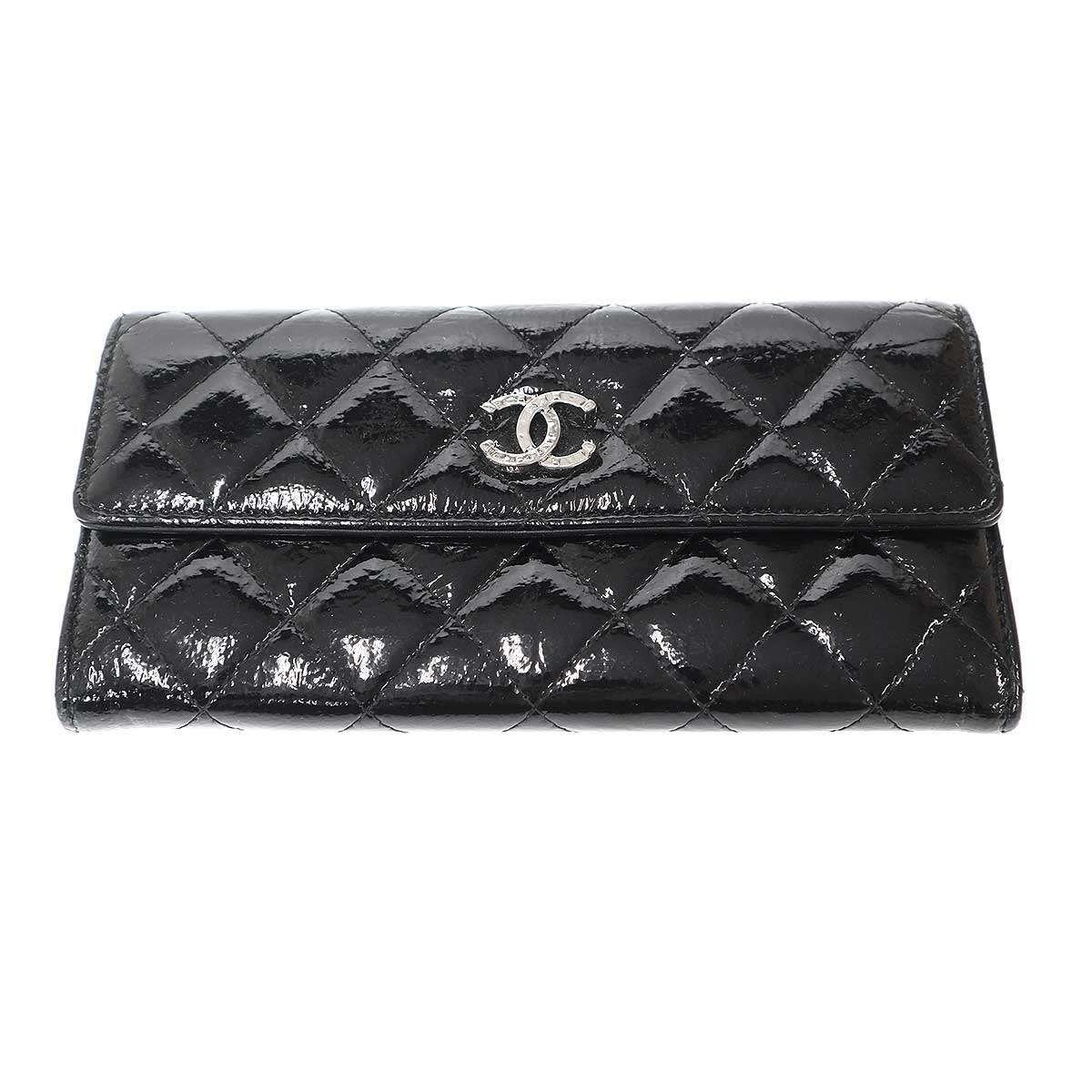 シャネル 長財布 ココマーク エナメル パテント マトラッセ 黒 ロゴ CHANEL シャネル マトラッセパテント ココマークロングウォレット