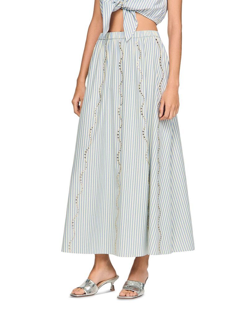 サンドロ レディース ボトムスカート Sandro Lucia Rhinestone Trim Striped Long Skirt Blue ブルー
