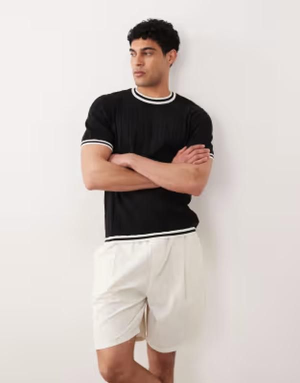 エイソス メンズ トップス Tシャツ リブ ニット ASOS DESIGN knit ribbed Tshirt with white tipping Black ブラック