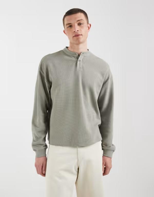 エイソス メンズ トップス Tシャツ ヘンリーネック ASOS DESIGN oversized boxy long sleeve Tshirt withenley neck in charcoal