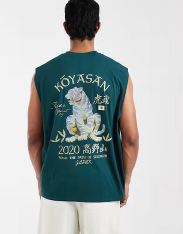 エイソス メンズ トップス ベスト プリント ASOS DESIGN oversized tank top with back and chest prints in dark Sea moss グリ 9,734円