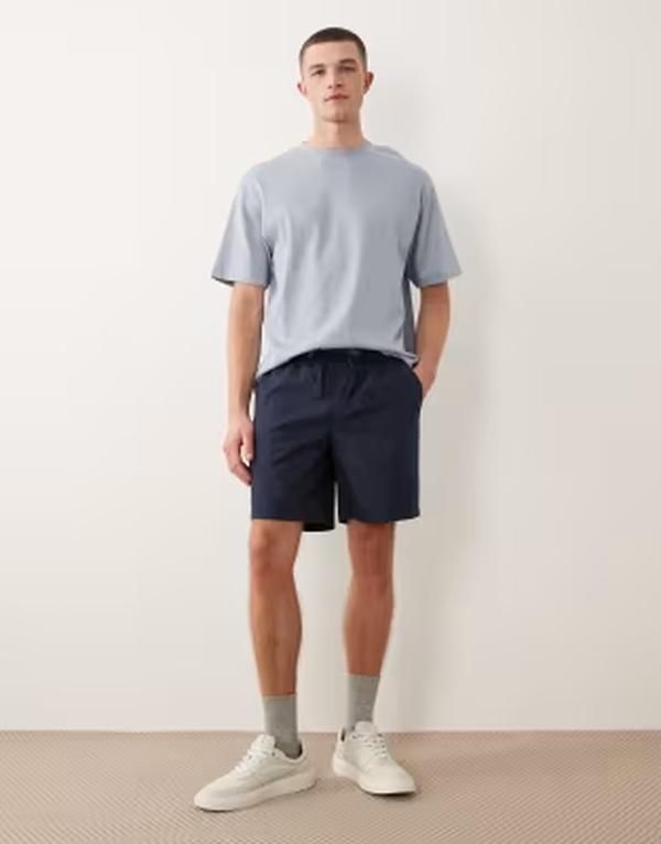 エイソス メンズ ボトムス ハーフパンツ・ショーツ ショートパンツ リネン ASOS DESIGN linen blend shorts in short length NAVY ネイビー
