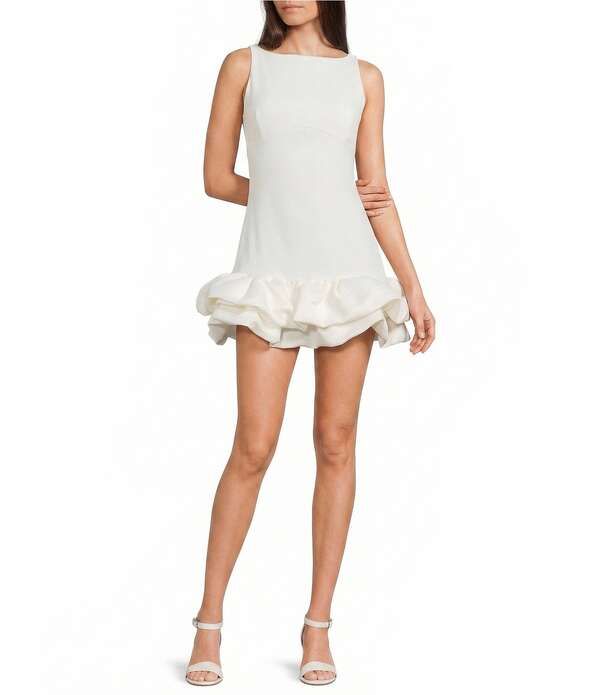 ジービー レディース トップス ワンピース フリル ミニ GB Drop Waist Bubble Hem Ruffle Mini Dress White ホワイト