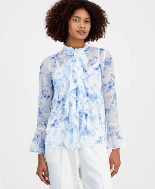 アンクライン レディース トップス シャツ プリント フリル ブラウス 長袖 Anne Klein Womens Printed Ruffled LongSleeve Blouse Bright Wh