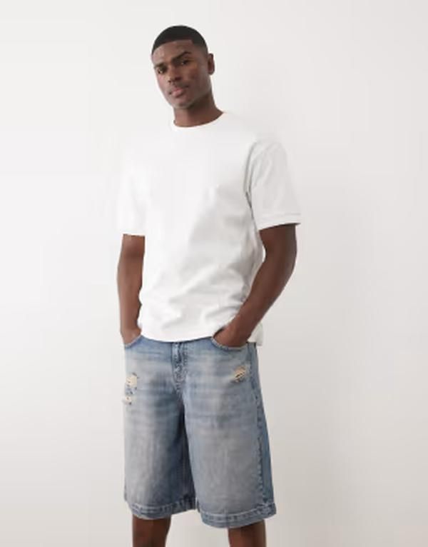 エイソス メンズ ボトムス ハーフパンツ・ショーツ ASOS DESIGN mid length jorts in washed blue with rips Mid washed Blue ブルー
