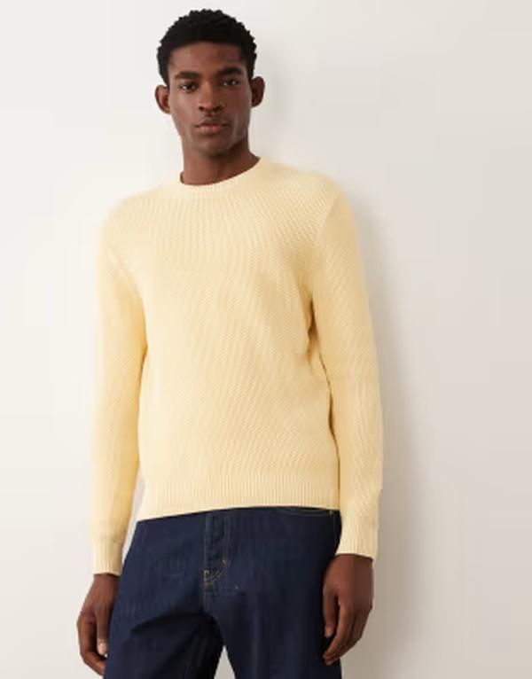 マンゴ メンズ アウター ニット・セーター クルーネック Mango waffle knit crew neck sweater in butter yellow Butter yellow イエロー