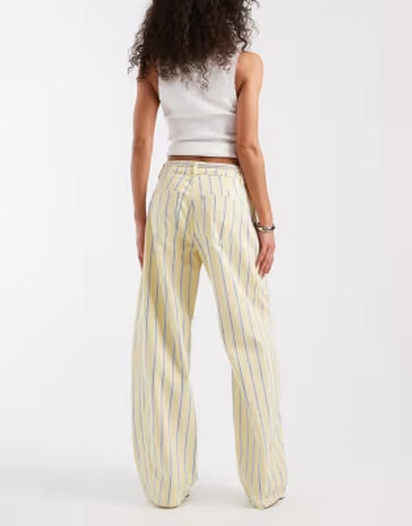 ピーシーズ レディース ボトムス デニムパンツ ジーンズ PIECES tie waist mid rise barreleg jeans in pastel yellow and blue stri