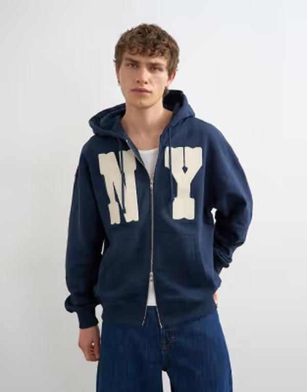 トップマン メンズ アウター パーカー・スウェット Topman boxy fit hoodie with front NY chenille patch NAVY ネイビー