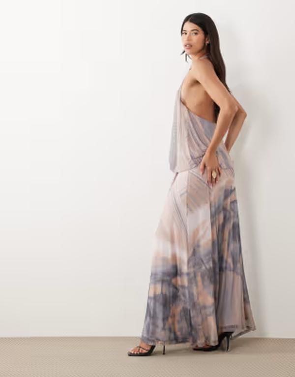エイソス レディース トップス ワンピース ハイネック ドレープリント メッシュ マキシ ASOS DESIGN printed meshigh neck draped maxi dress BLUE