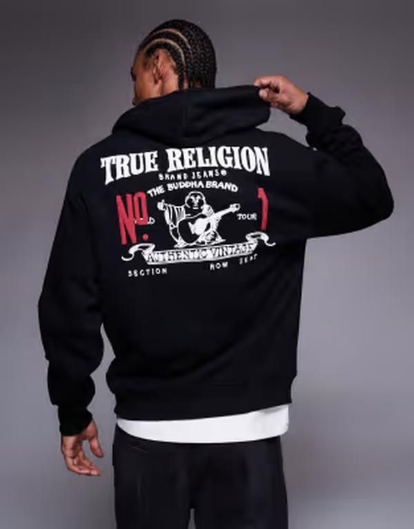 トゥルーレリジョン メンズ アウター パーカー・スウェット プリント ロゴ True Religion zip up logo hoodie with back print Black ブラック