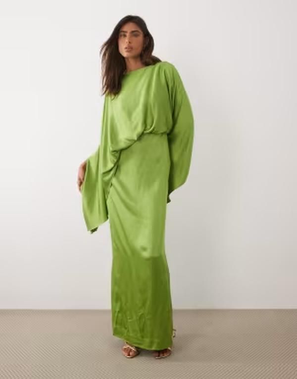 マンゴ レディース トップス ワンピース ドレープ サテン マキシ Mango drape detail satin half sleeve maxi dress GREEN グリーン
