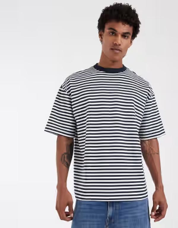 エイソス メンズ トップス Tシャツ ASOS DESIGN breatheMAX oversized Tshirt stripe Navy stripe ネイビー