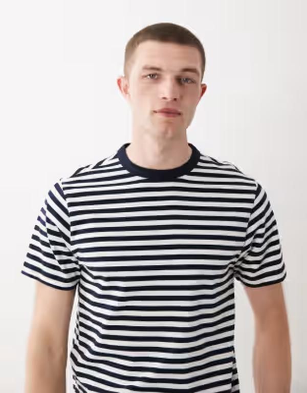 エイソス メンズ トップス Tシャツ レギュラーフィット ASOS DESIGN heavyweight regular fitshirt stripe Navy stripe ネイビー