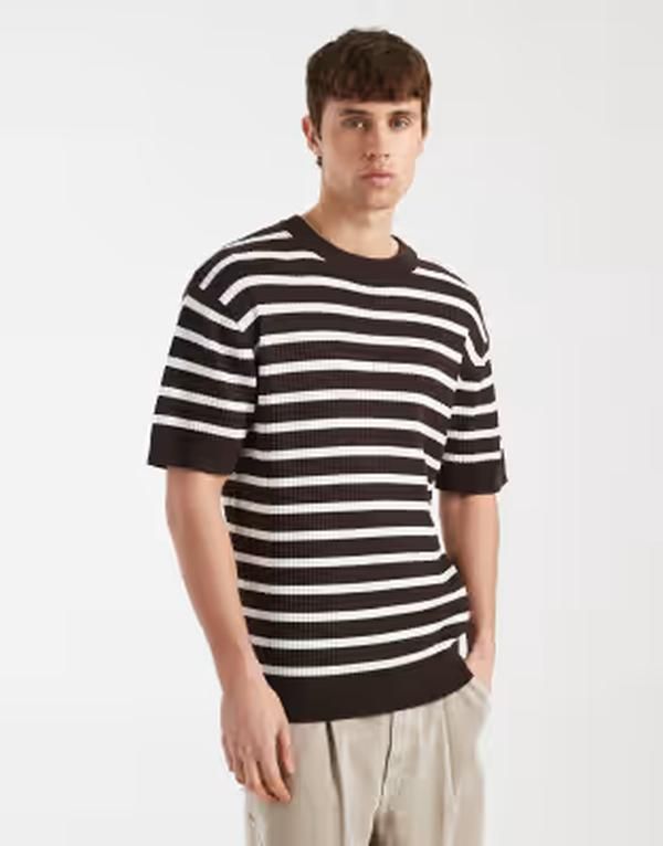 レディファインド レブル メンズ トップス Tシャツ ニット Redefined Rebel Kevin knitshirt stripes BROWN ブラウン
