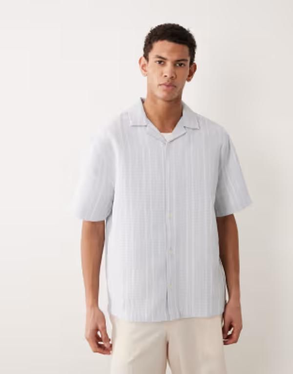 エイソス メンズ トップス シャツ ASOS DESIGN relaxed camp collar waffle textured shirt in light blue stripes BLUE ブ