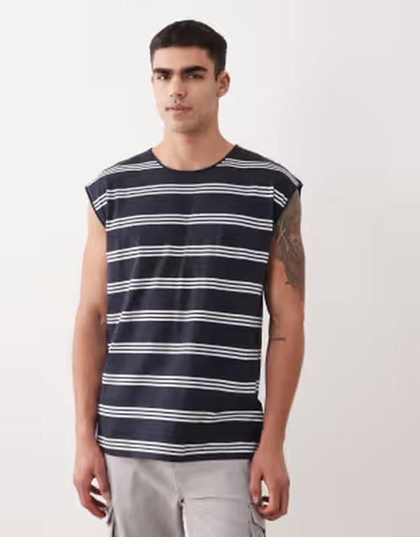 ブレーブソウル メンズ トップス Tシャツ Brave Soul oversized tank top white stripes Navy stripe ネイビー 7,686円
