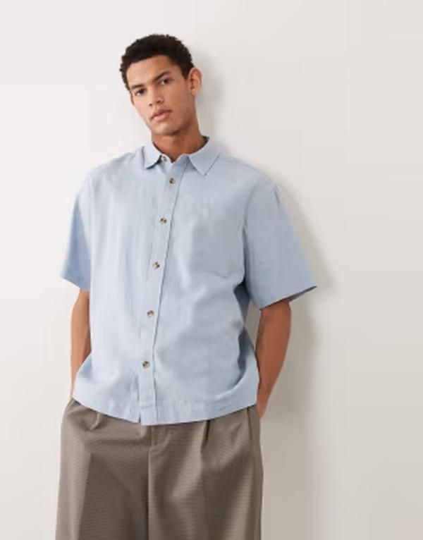 エイソス メンズ トップス シャツ リネン ASOS DESIGN relaxed linen blend shirt in light BLUE ブルー 13,306円