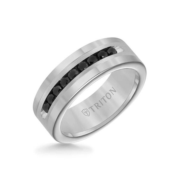 トリトン レディース アクセサリー 指輪 サテン Triton 8MM Ring with Channel Set Black Diamondsilver Satin Finish and Round