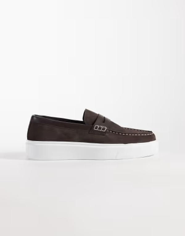 エイソス メンズ シューズ スリッポン・ローファー スエード ASOS DESIGN penny loafers with cup solesuede BROWN ブラウン