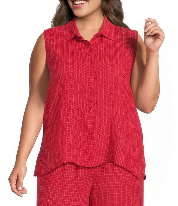 エイリーンフィッシャー レディース トップス シャツ プラスサイズ ノースリーブ リネン Eileen Fisher Plus Puckered Organic Linen Grid Point Co 30,420円