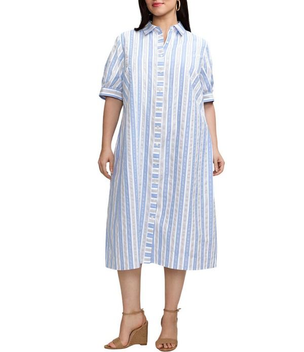 フォックスクラフト レディース トップス ワンピース プラスサイズ ミディ シャツ Foxcroft Plusizesther Variegated Stripe Point Collar Elbow