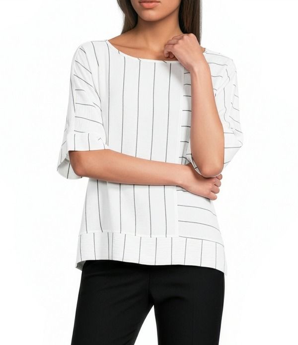 アリ マイルス レディース トップス シャツ Ali Miles Woven Striped Round Neck Short Cuffed Sleeve Popover Top White ホワイト 13,460円