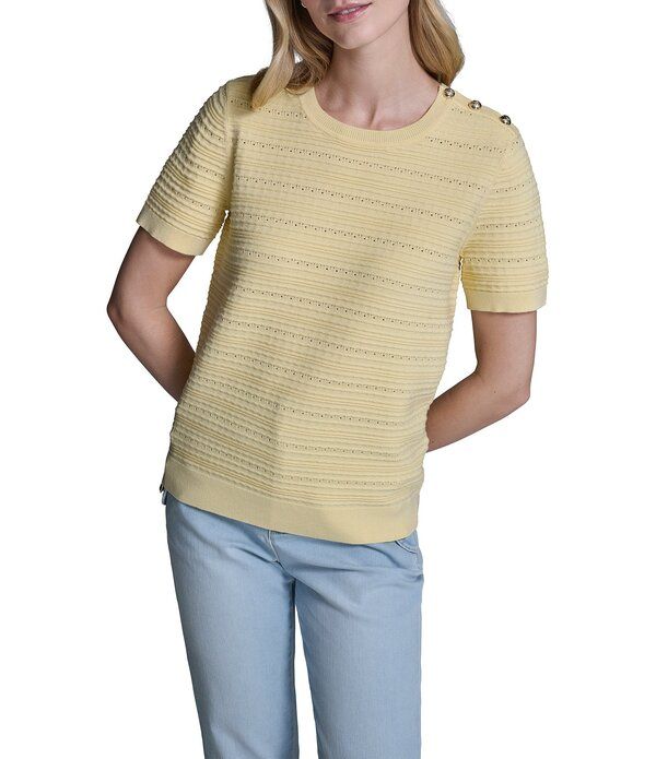 カール ラガーフェルド レディース トップス Tシャツ リブ ニット KARLAGERFELD PARIS Ribbed Knit Round Neck Short Sleeve Topannacot