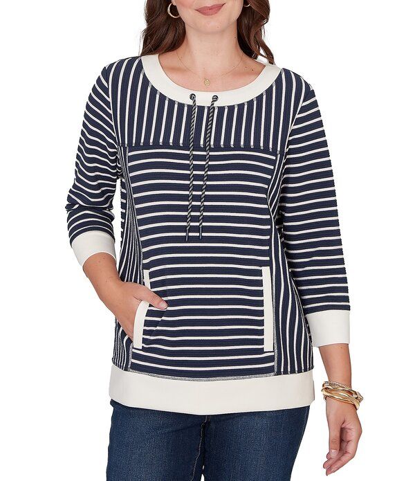 ルビーアールディー レディース トップス Tシャツ プチ Ruby Rd Petite Size YarnDyed Stripe Scoop Neck 34 Sleeve Top NavyMulti