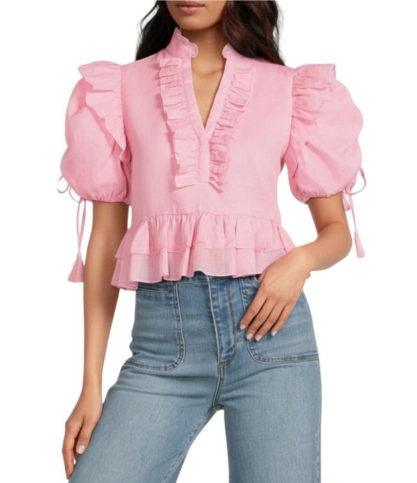 エーラブズエー レディース トップス シャツ Vネック フリル クロップド ブラウス A Loves A Woven Ruffle Split VNeck Short Bubble Sleeve Cr