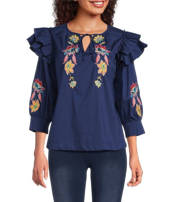 カレッサ レディース トップス シャツ Vネック フラワー柄 刺繍 フラワー Calessa Embroidered Floral Split VNeck Elbow Sleeve Top Navy