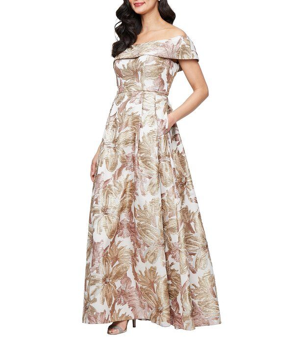 アレックスイブニングス レディース トップス ワンピース プリント Alex Evenings Off The Shoulder Printed Jacquard Gown Taupe Multi ト