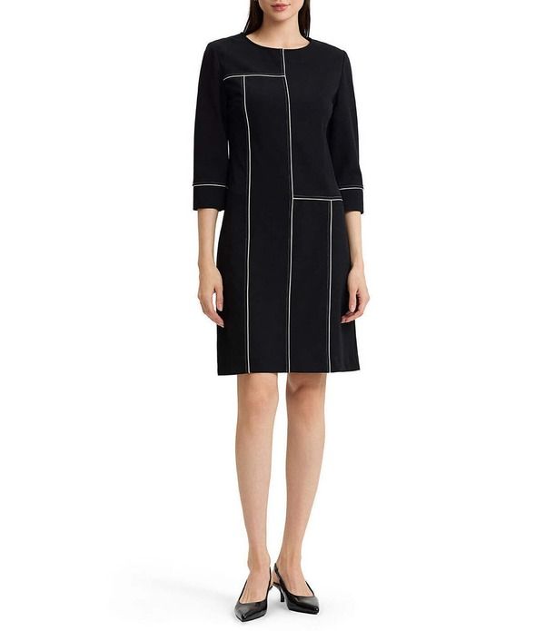ミンウォン レディース トップス ワンピース クレープ A ライン モノクロ Ming Wang Stretch Deco Crepe Monochrome Grid Stitch 34 Sleeve