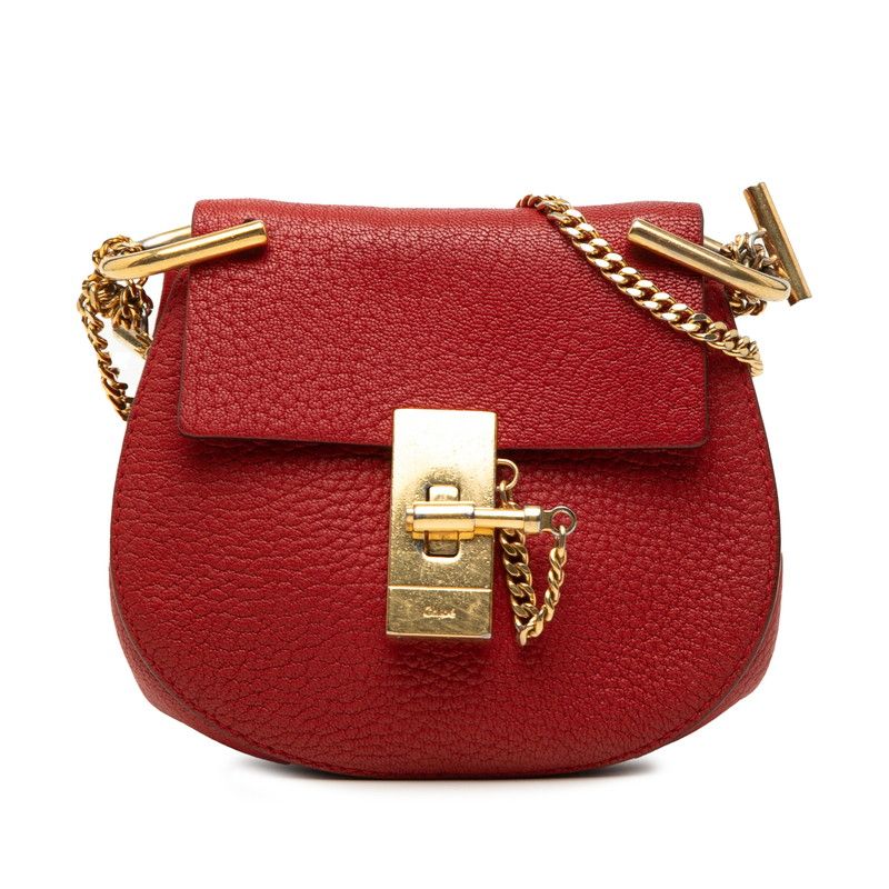 クロエ ドリュー ミニ 斜め掛け チェーン ショルダーバッグ レッド ゴールド レザー メッキ レディース Chloe【1-0277521】