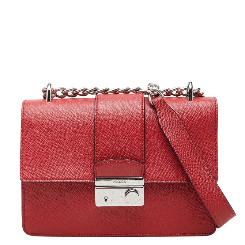 プラダ チェーン ショルダーバッグ レッド サフィアーノレザー レディース PRADA【1-0277591】