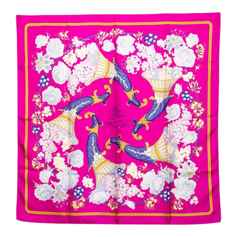 HERMÈS エルメス　カレ　90 花と葡萄　スカーフ　ビンテージ　松坂屋 エルメス カレ90 FLEURS RAISINS 葡萄の花 スカーフ ピンク マルチ