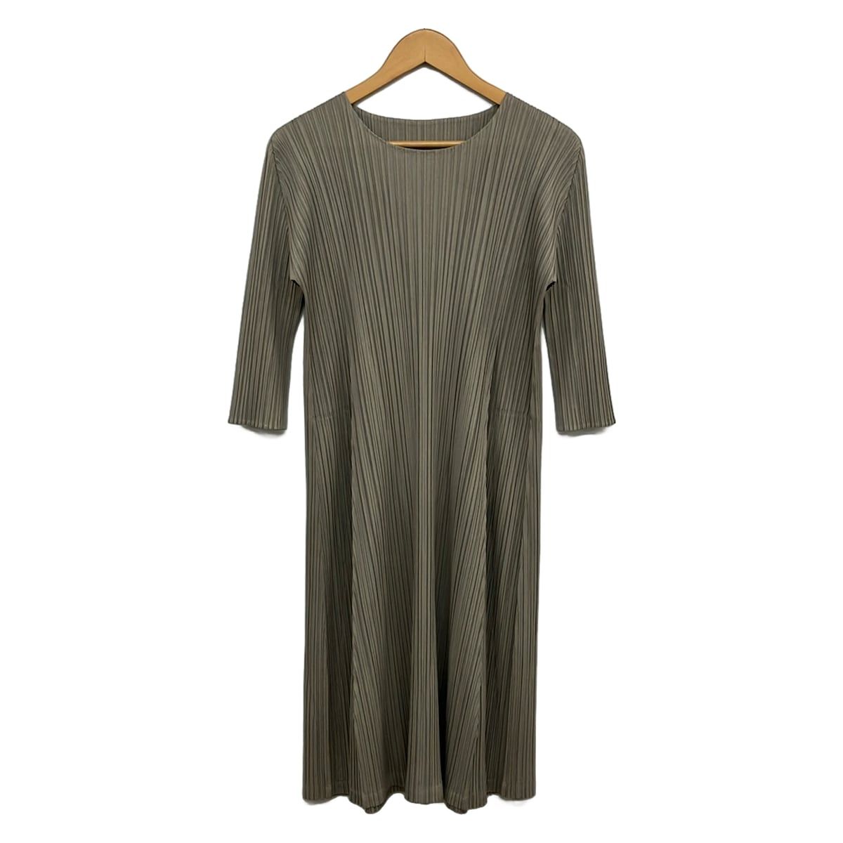 PLEATS PLEASE(プリーツプリーズ) ワンピース レディース美品 - グレー クルーネック/七分袖/ロング/プリーツ