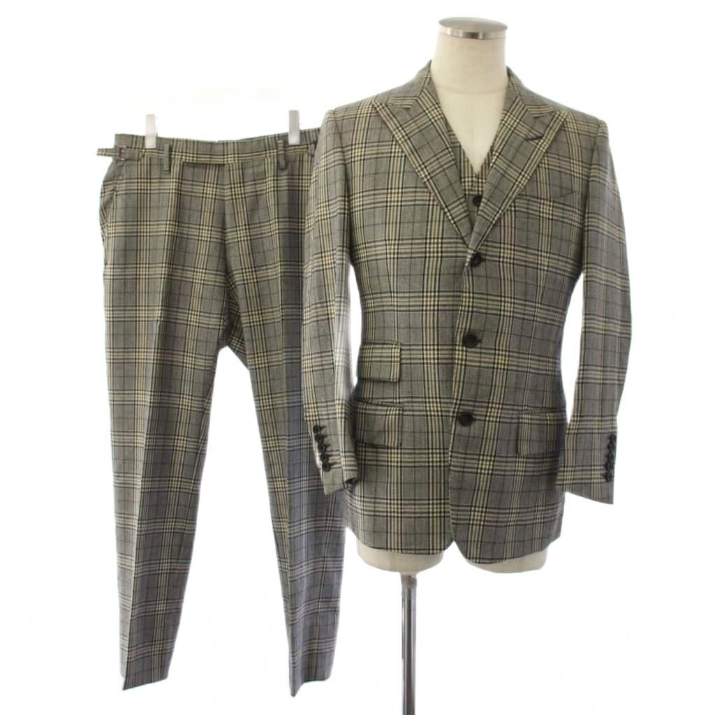 トムフォード TOM FORD シングルスーツ 3点セット テーラードジャケット ベスト ジレ パンツ スラックス チェック 46R グレー 31BL4B /KH