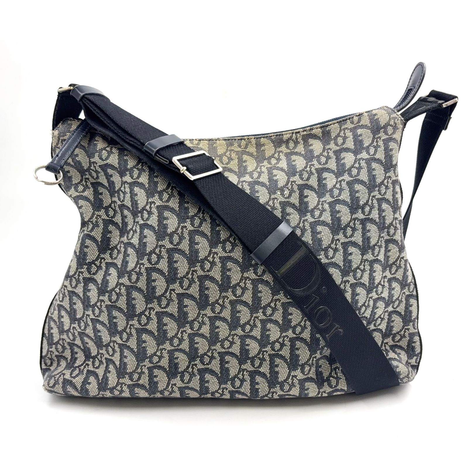 【新着】Christian Dior トロッター レザー、キャンバス ダークブルー ショルダーバッグ シルバー