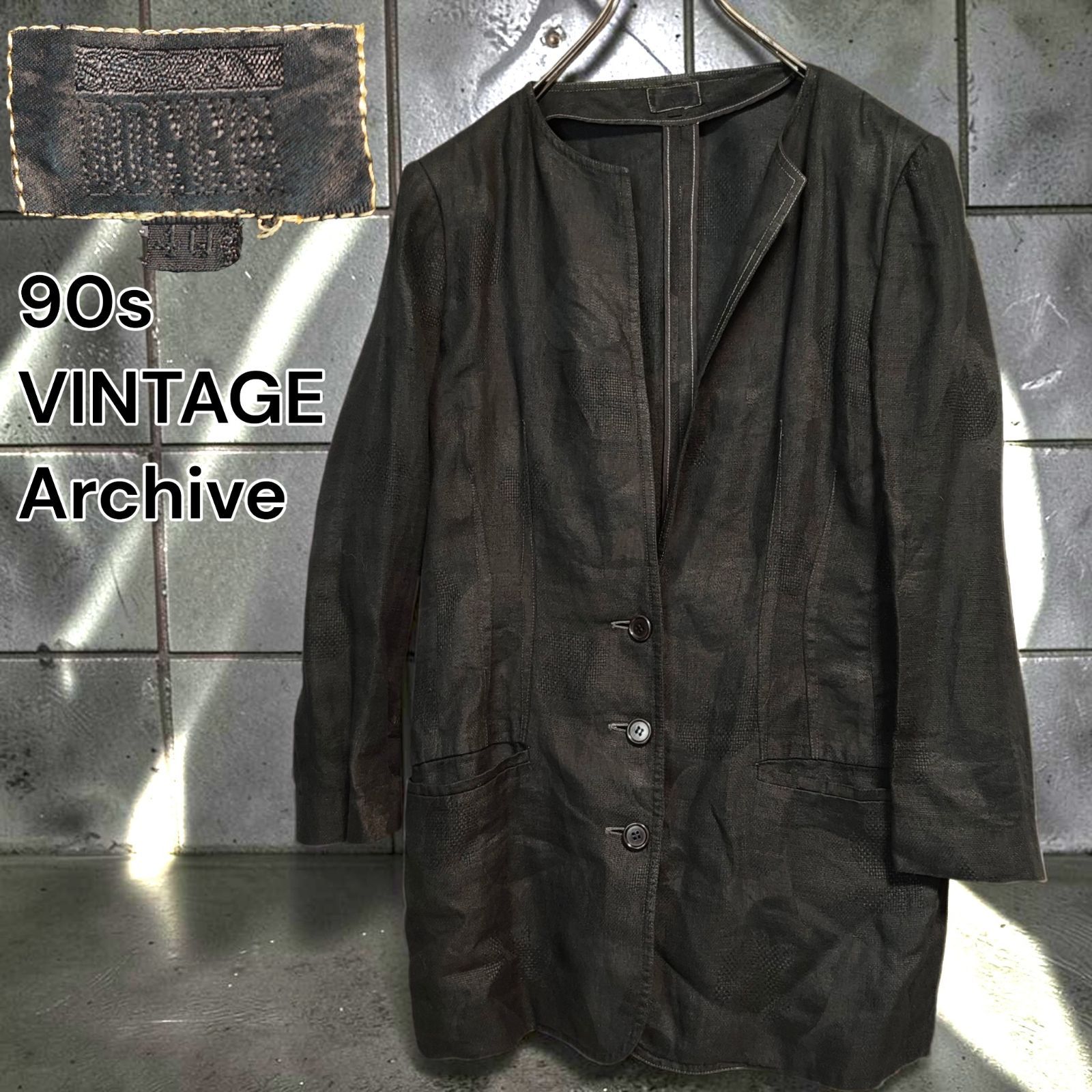 90s SST-ZAN DONNA VINTAGE Archive 薄手 リネン 100% シャツ厚 ジャケット 地模様 ジャガード カラーレス ノーカラー カーディガン 羽織り 肩パッド 小顔効果 美シルエット 黒 ブラック Mサイズ相当
