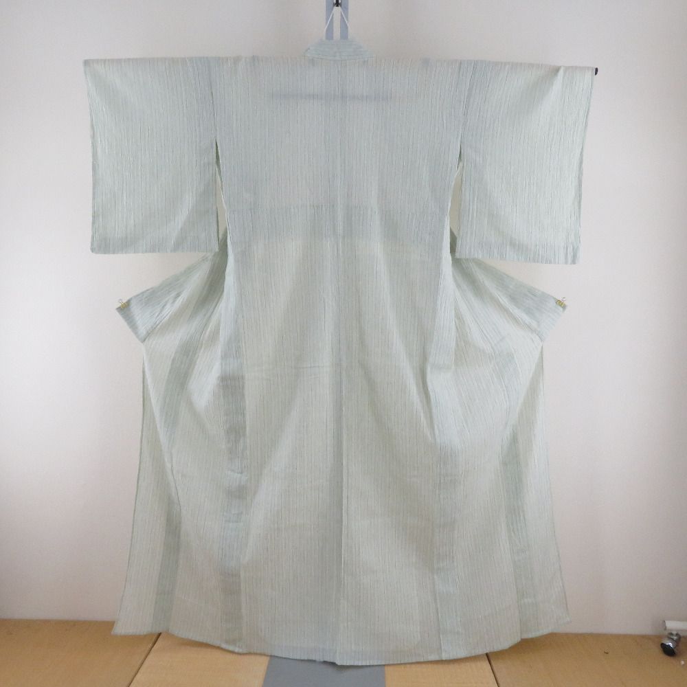 夏着物 小紋 小千谷縮 麻 ちじみ 広衿 薄緑色ｘ薄青色 縦縞模様 夏用 仕立て上がり 身丈156cm