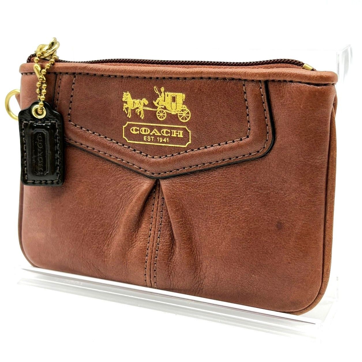 ✨美品✨COACH コーチ コスメポーチ 小物入れ レザー ブラウン ロゴ コーチ COACH ポーチ レザー ブラウン 馬車柄 ゴールドロゴ ロゴ