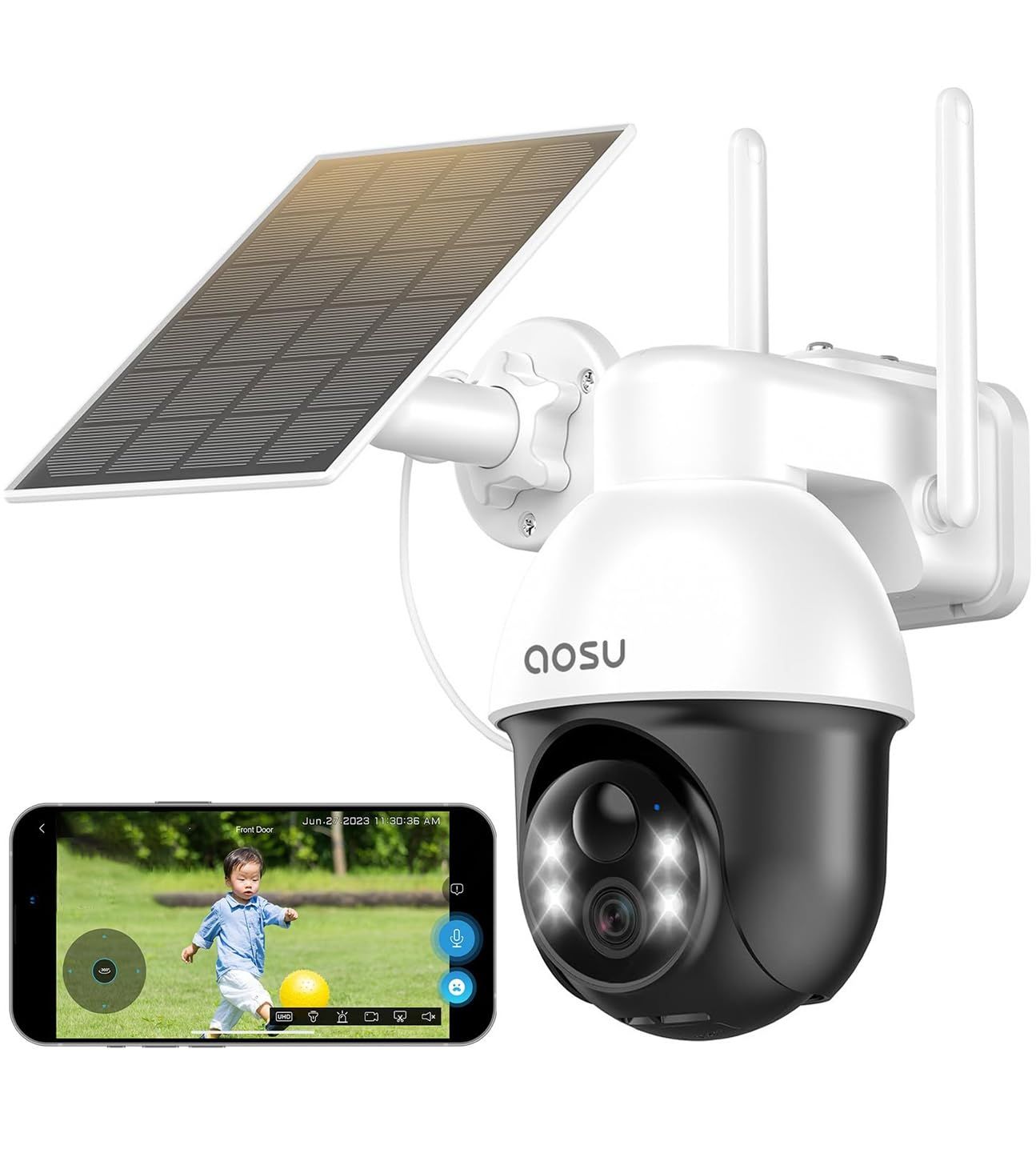 ★新品★aosu 防犯カメラ 屋外 ソーラー 【自動追尾 動作/人体/滞在検知 電源不要 配線工事不要 】300万画素 2K 360°左右回転 ワイヤレス 監視カメラ 高効率ソーラー充電式 夜間カラー撮影 屋外用防犯カメラ 双方向通話 声光警 4b40f139