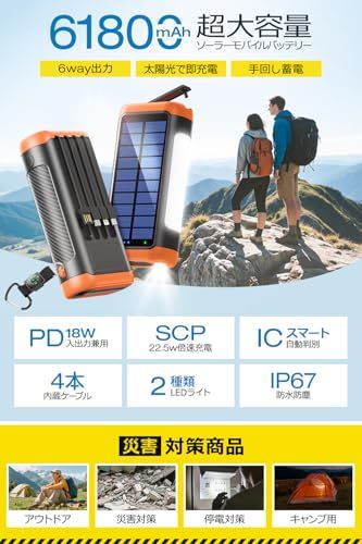 ★新品★ソーラー 【61800mAh大容量 & 手回し発電】 22.5W/PD18W 急速充電 4本ケーブル内蔵 6台同時充電 ソーラーチャージャー 側面ライト+LEDライト付き IP67防水 防塵 耐衝撃 5way蓄電 ソーラー充電器 コン c1dcf0c4