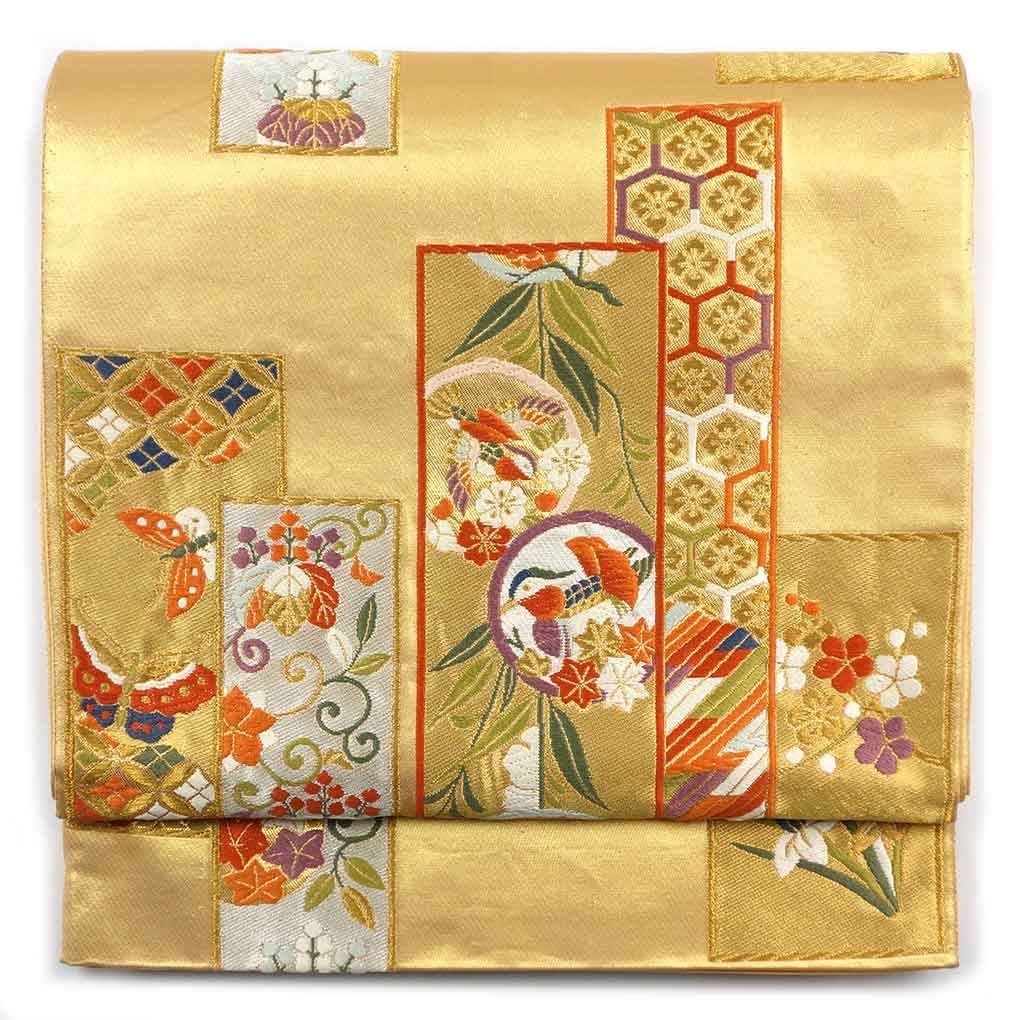 袋帯 幅31cm 長さ426cm レディース 花柄 秋冬春用 正絹（シルク）ゴールド 美品 リメイク リユース リサイクル【呉服のきくや】
