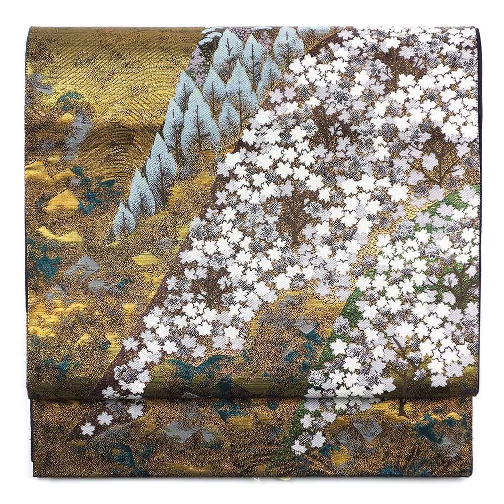 袋帯 幅31cm 長さ428cm レディース 風景画 秋冬春用 正絹（シルク）ゴールド 美品 リメイク リユース リサイクル【呉服のきくや】